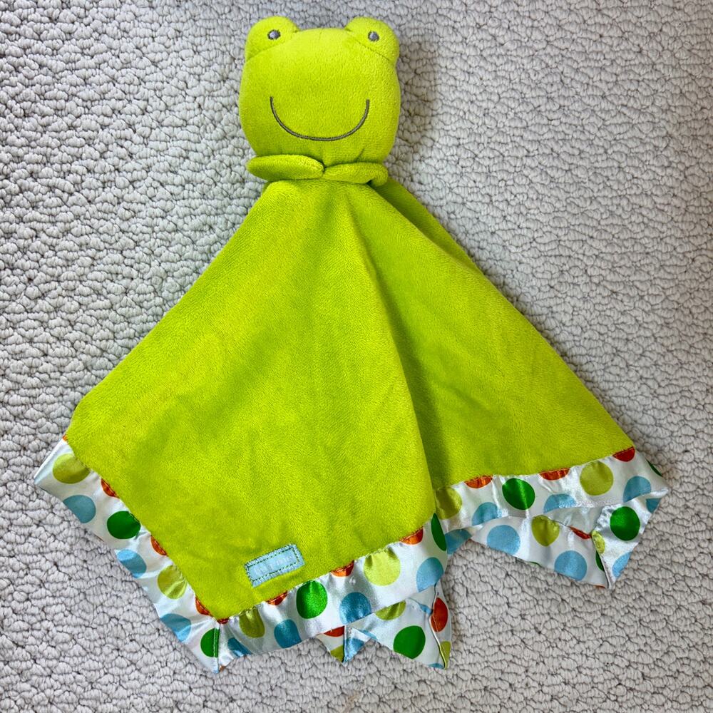 Carters Hug Me Frog Lovey Security Blanket Green Polka Dot Satin Trim Rattle 16"